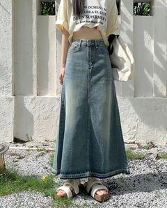 Saias S-XL Uma Linha Longa Denim Saia 2024 Estilo Coreano Cintura Alta Vintage Tassel Midi Jeans Mulheres (L2990