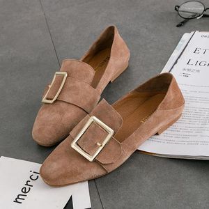 Casual Shoes Genuine Leather Moccasins Women Brand Metal Buckle Espadrilles Ladies Flats Brown Cow Suede Loafers Tenis Creepers Size 9