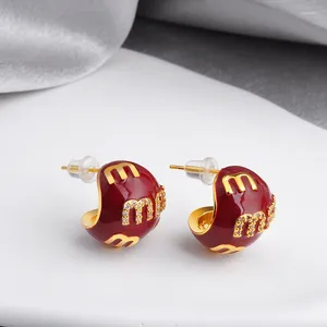 Stud Earrings French Design Fashion Jewelry 14K Gold Plated Enamel Letters M Zircon Elegant Women's Daily Work