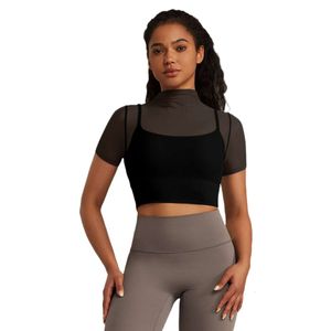2024 Yogasträkt Mesh Short Sleeved Womens Sports Breattable Hollow One Piece T-Shirt Running Fitness Suit Top