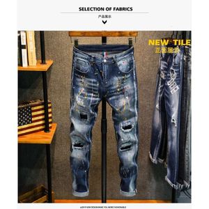 2021 Autumn Brand Trendy Elastic Slim Fit z złamanymi otworami w kolorze ręcznie malowane w środkowej części dżinsów męskie spodnie