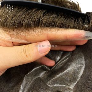 Toupees Stock Thin Skin Pu Base Injected Knot Toupee Men Human Hair Cheap Hair Replacement Men Curly Toupee