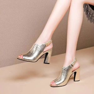 Pumpar Microfiber Leather High Heeled Sandals Woman 2020 Summer Heels Shoes Peep Toe Chunky Heel Sexy For Female Korea Style Black Gold