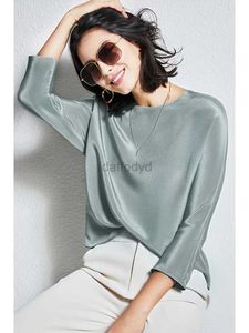 Damen-T-Shirt, 30 mm, luxuriöser Stil, elegante Seide, dicker Krepp, einfarbig, locker, grün, grau, dickes Himbeer-Seiden-Top, Damen, lange Ärmel, 240322