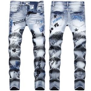 Trendy Men's Hip-hop Street Style Daily Super Cow Front and Rear Heavy Work Embroidery Elastic Slim Fitting Small Straight Tube Jeans for Men