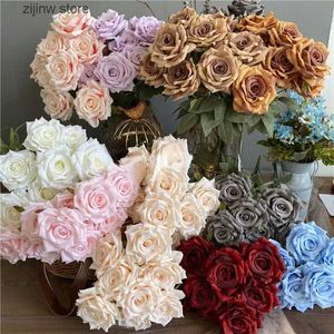 Faux Floral Greenery 9 Head Artificial Pink Rose Wedding Bridal Bouquet Photography Props Home Garden Decoration Garden Decoration Ornaments Y240322