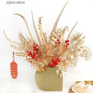 Faux Floral Greenery 3/5pcs Złote sztuczne kwiaty bukiet do wystroju domu Nowy rok świąteczny dekoracja Dekoracja DIY Wazon Akcesoria roślinne Y240322