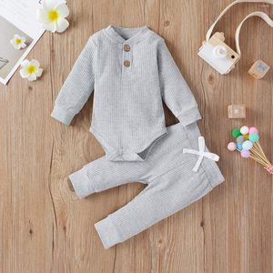 Kläder sätter spädbarn född baby flicka pojke vår höstkläder fast färg lång ärm toddler bodysuits elastiska byxor 2 st.