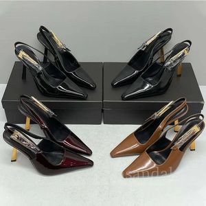 Luxuriöse Designer-Pumps mit Stiletto-Absatz, Lackleder, goldfarbene Schnalle, spitze Zehenpartie, Slingback-Kleiderschuhe, Sandalen, Leder, Damen-Party-Abendschuhe