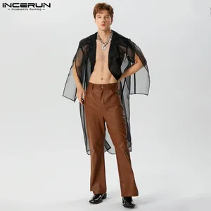 Męskie okopy płaszcze inderun mężczyzn solidny kolor lapowy siatka z długim rękawem przezroczysty styl streetwear 2024 Split swobodne kurtki męskie