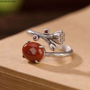 Southern Red Agate Lotus Pomeg Pure Silver Ring Womens Chinese Style Seed Index Finger Elegant and Temperament