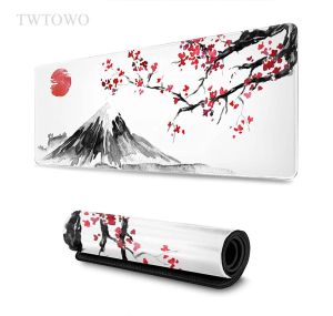 Pads Japanischer Stil Mount Fuji Kirschblütenvogel Sakura Mauspad Gamer XL Großes Mauspad XXL Schreibtischmatten Naturkautschuk Tischmatte