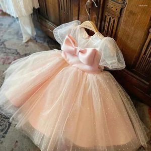 Vestidos de menina flor rosa claro com laço inchado tule cetim transparente pescoço princesa bebê primeiro vestido de aniversário