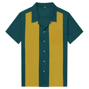 Mäns casual skjortor Sishion 2024 Cotton Summer Men St108td Green Yellow Patchwork 50s Vintage Party Punk Retro Top Blue