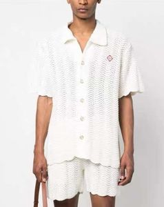 24SS Casablanca Ny designer Wool Sticked Cardigan Coat Pearl Button Wave Crochet Men and Women samma kortärmade avslappnade mångsidiga tröja Trendiga Casablanc -toppar