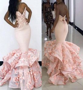 Южноафриканские платья выпускного вечера русалки Сексуальные розовые милые вечерние платья с открытой спиной Цветочные аппликации Многоуровневый шлейф Формальная вечеринка Dr3275598