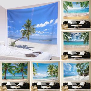 Tapeçarias verão tropical seaside tapeçaria mar azul céu palmeiras praia sol quarto cartaz decoração da parede de volta