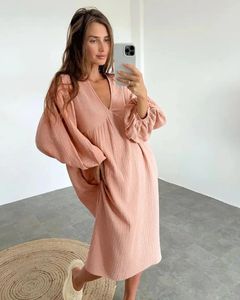 Casual Dresses Women's Cotton Dress 2024 Elegant Long Sleeve A-Line Midi Female Loose Fit Overized Pink Home Wear Clothing