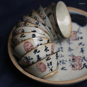 Tazze Piattini 6 Pz/lotto Cinese Antica Calligrafia Ceramica Kung Fu Tazza di Tè Cappello Set di Vino Teaware Ciotola Cerimonia Antico Tazza Da Tè