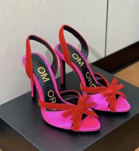 2024 Summer Walk Luxury Satin Velvet Bow Sandals Shoes Women High Heels Point Toe Red Black Slingback Pump Party Wedding Heel Tom Fords Dress Shoe EU35-43.box