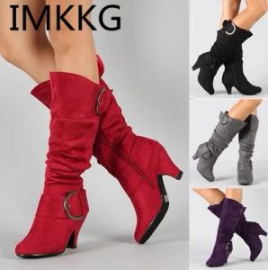 Boots Large Size 43 2021 Knee High Boots Women Autumn Faux Suede Fashion Spike Heels Woman Shoes Winter Hot Sale m441