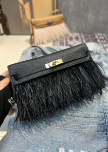 designer bag luxury Shoulder Bag 27cm brand purse chevre Leather and ostrich fur fully handmade stitching black pink blue colors wholesale price fast delivery