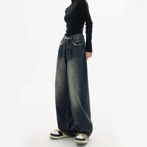 Kvinnors jeans nödställda avslappnade byxor vintage hög midja bred ben denim med djupa grenfickor streetwear mode uttalande