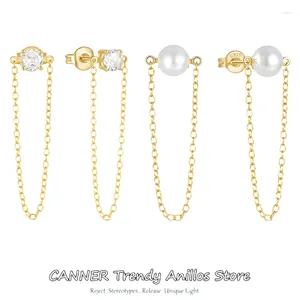 Stud Earrings CANNER 925 Sterling Silve Trend Long Wire Tassel CZ Pearl Pendants Hanging Chains Dangles Earings Fine Jewelry