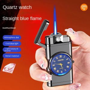 Torch Lighter Gas Lighter With A Watch Portable Blue Flame Butane Gas Metal Windproof Unusual Cigarette Cigar Lighters Gadget