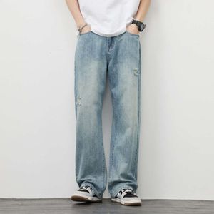 Distressed-Jeans für Männer im Jahr 2024, neue Marke, locker sitzende, gerade Röhrenjeans im amerikanischen Stil für Herren, gewaschene und gebundene trendige Blumenhosen