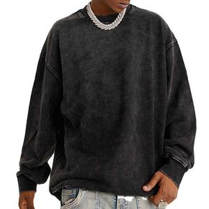 Acid Wash Vintage Übergroßes, schweres 400 g/m² French Terry, 100 % Baumwolle, Mock Neck Blank Herren-Sweatshirt mit Rundhalsausschnitt