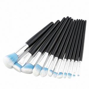 Saiantth Black Wood Handle Blue White Hair 12pcs Makeup Borstes Set Beauty Tool Powder Foundati Ccealer Brush Kit Maquiagem E5xd#