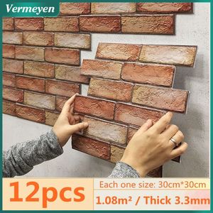 12pcs 3D Brick Sticker Self-adhesive PVC Wallpaper for Bedroom Waterproof Oil-proof Kitchen Stickers DIY Home Wall Decor