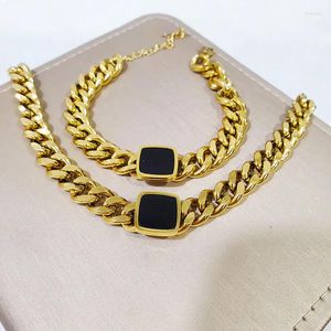 Colar brincos conjunto 316l aço inoxidável retro preto quadrado grosso corrente titânio pulseira hip-hop jóias