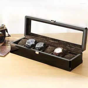 Titta på lådor Organiser med glasfönster Luxury Box 6 Watches Piano Paint Ebony Wood Wristwatch Collection Lagring Display Case