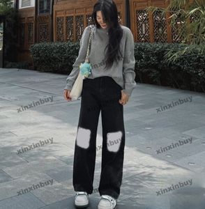 xinxinbuy erkek kadın tasarımcı pantolon paris diz çiçek mektubu baskı denim bahar yaz gündelik pantolon siyah mavi xs-2xl