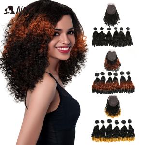 Teas de teceamento cabelos sintéticos nobres afro piscadeiras de cabelo ombre ombre para mulheres negras renda de cabelo sintético com fechamento