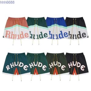 Men's Shorts Summer New Rhude Contrasting Color Patchwork Letter Print Drawstring Shorts High Street Loose Quick Drying Sports Casual Pants