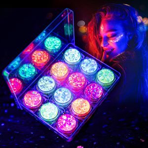 Leuchtendes Körper-Glitzer-Gel für Frauen, fluoreszierendes, grobes, feines Schimmer-UV-Schwarzlicht-Make-up für Körper, Gesicht, Haare, Lidschatten, Nägel, Pailletten für Karnevalsparty