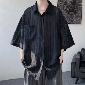 Men's Casual Shirts Streetwear Mens Summer Ice Silk Breathable Loose Half Sleeve Shirt For Men Vintage Turn-down Collar Buttoned Tops