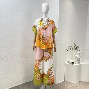 Women's Two Piece Pants Latest Collection Pink Orange Floral Casual Holiday Loose Blouse Elastic Waist High Quality Matching Set For Women