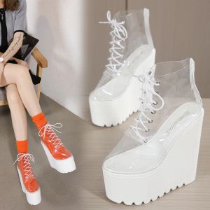 Boots 16 CM super high heels women spring platform wedges PVC transparent ankle boots