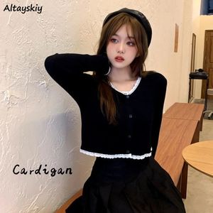 Czarny kardigan elegancka elegancka vintage jesienna szczupłe dziewczęta ucięte dzianinowe dzianiny Ulzzang Simple Stylish Female Sweater Basic 240311