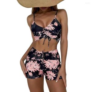 Women's Swimwear Beach Swimsuit Floral Print V-neck Bikini Set With High Waist Drawstring Swimming Trunks Summer Beachwear For Quick