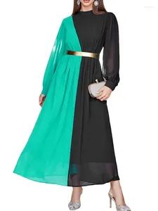 カジュアルドレスマキシロングスリーブ女性のための秋のファッションハイウエストエレガントなブラックグリーンパッチワークシフォンローブフェム