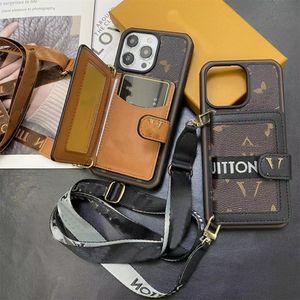 Designer Phone Case Leather iPhone Case for iPhone 15 14 Pro Max 13 Pro 12 14plus 11 case Fashion Crossbody Wallet Card Holder Gold Edging Luxury Lanyard Mobile Cover