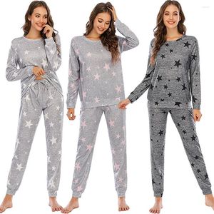 Damen-Nachtwäsche-Pyjama-Set mit Sternenmuster, langärmelig, weiche Pyjamas, Lounge-Sets, Damen-Hauskleidung, 2-teilig, Nachtwäsche, Hosenanzüge
