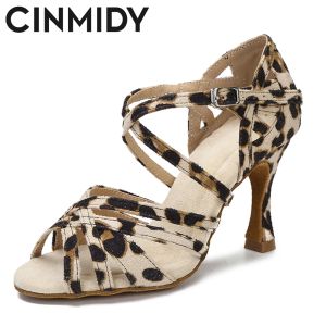 Boots Cinmidy Leopard Print Dance Shoes Women Soft Sole Silk Satin Latin Dance Shoes For Girls Fashion Women's Sandals 7,5 cm klackar