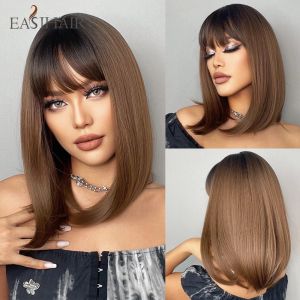 Wigs EASIHAIR Shoulder Length Synthetic BoBo Wig with Bang Ombre Brown Straight Hair Wigs for Women Heat Resistant Daily Cosplay