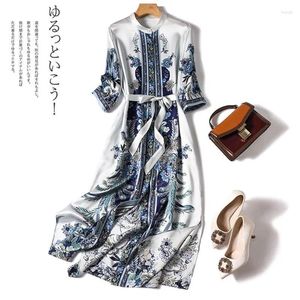 Casual Dresses Limiguyue Bohemian Floral Print Soft Silk A-Line Midi Dress Women Vintage Temperament Satin Summer Chiffon Vestidos E398